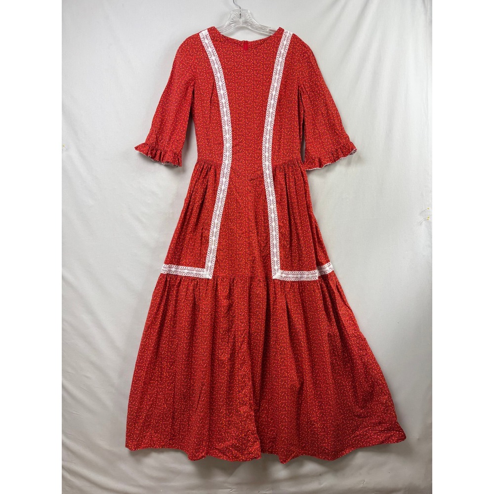 Handmade Prairie Maxi Dress Women M/L Red Calico Floral Lace Trim Ruffle Boho